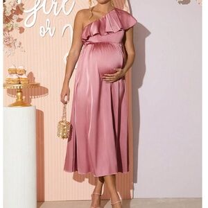 Maternity Solid Satin One Shoulder Ruffle Detail High Waisted Midi Dress